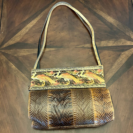 Vintage Alain Fourdraine Paris Snakeskin Bag with Peacock Frame