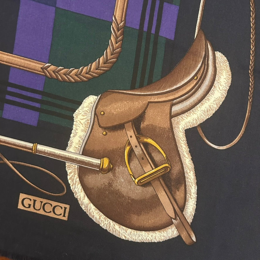 Gucci Vintage 1990s Purple/Green Plaid Shawl with Equestrian Design