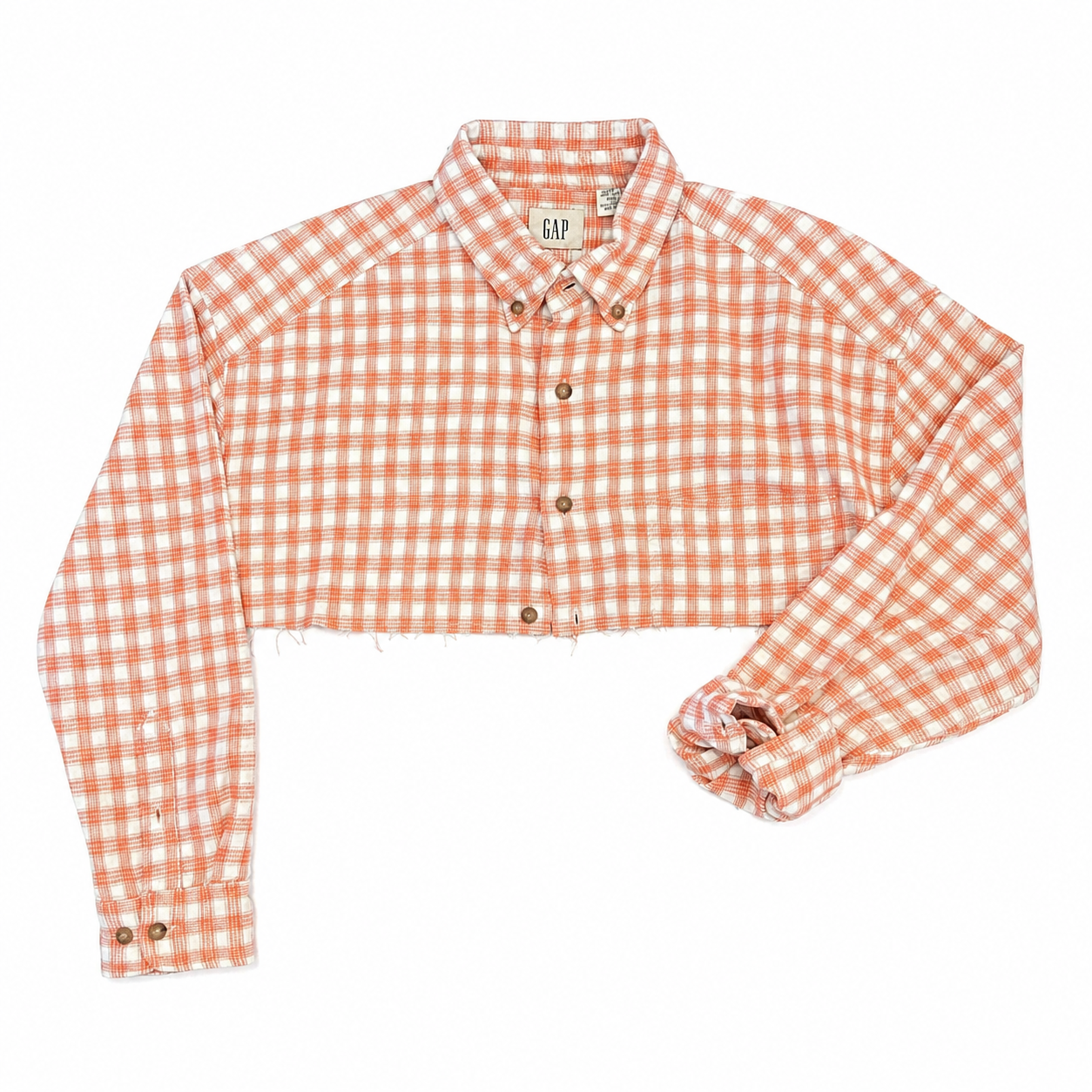 Gap Cropped/Frayed Tangerine & White Plaid Button-front Shirt