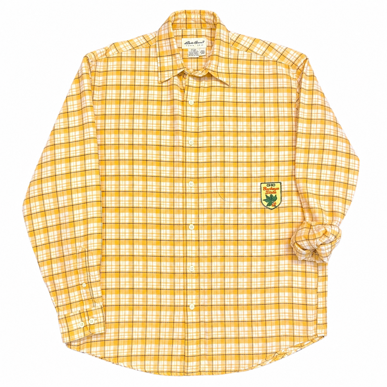 Eddie Bauer Tartan Yellow Plaid Shirt with Ohio Patch