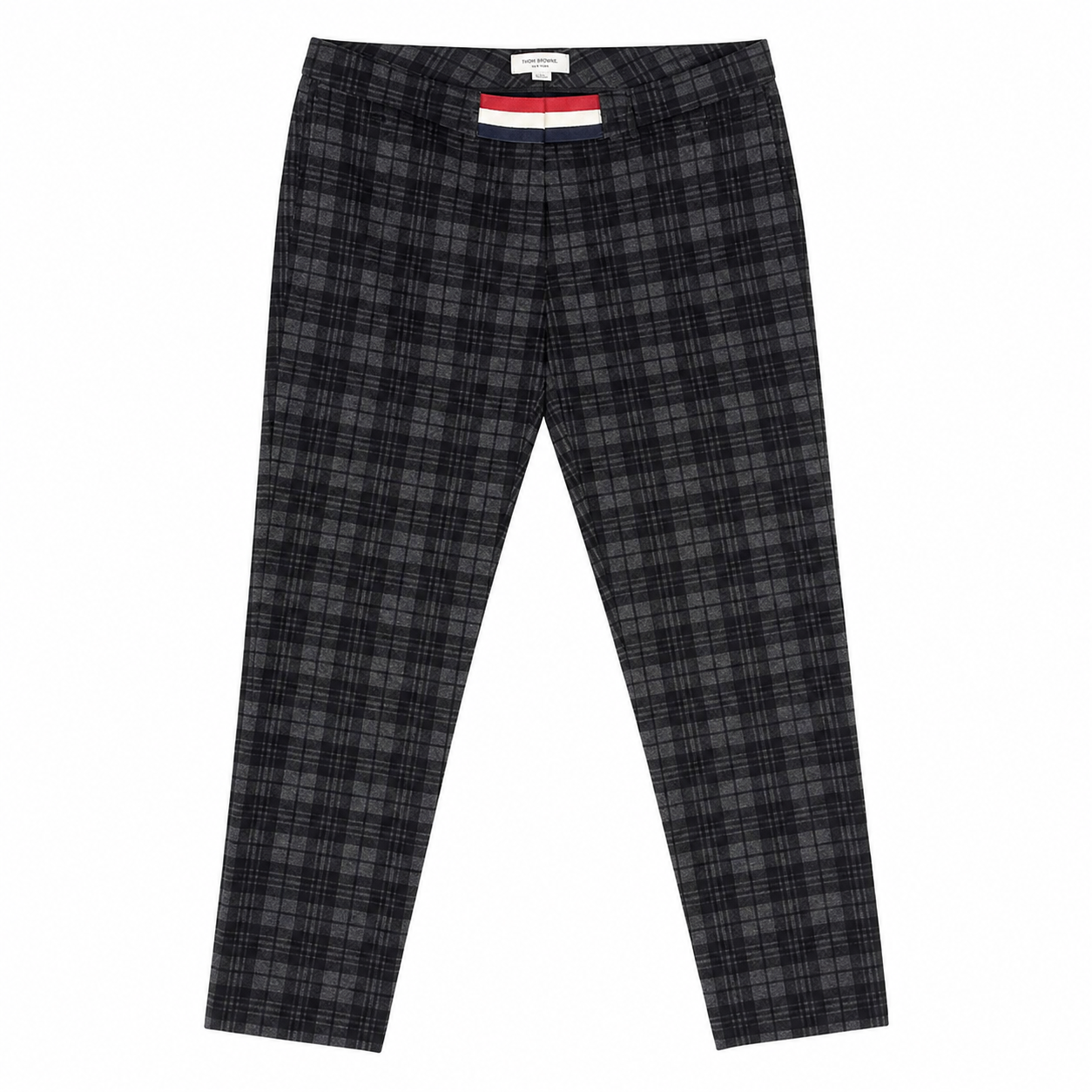 Thom Browne Black Plaid Pants with Red/White/Blue Stripe at Waist