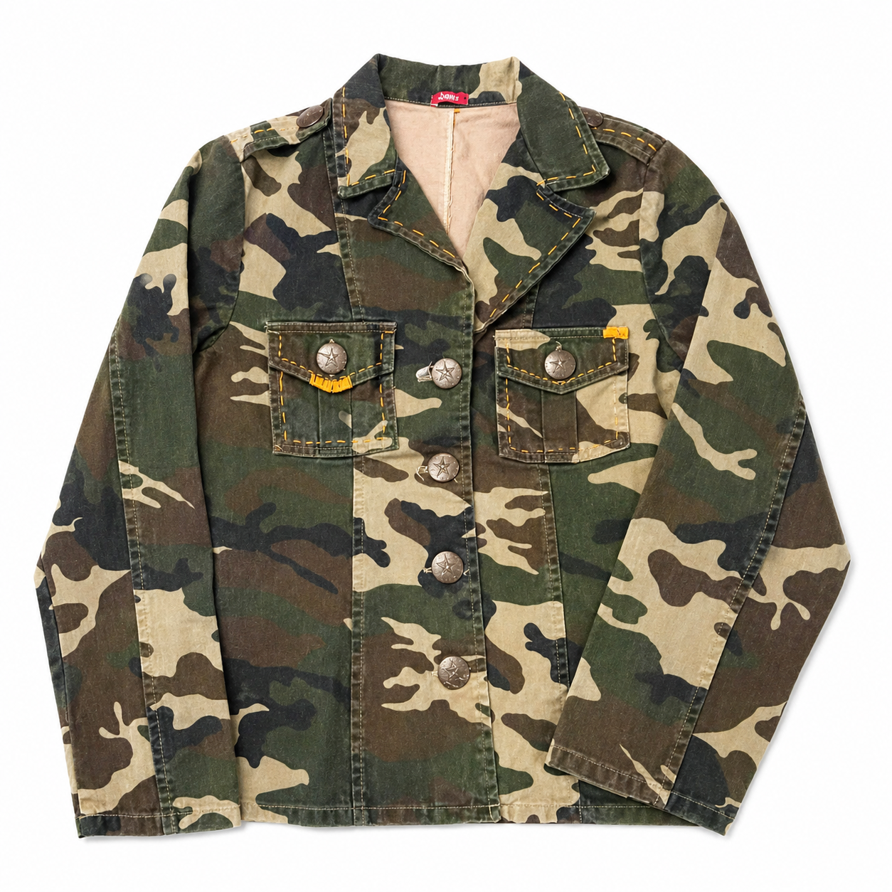 Camo Jacket with GRATEFUL Lettering and Hand-stitching