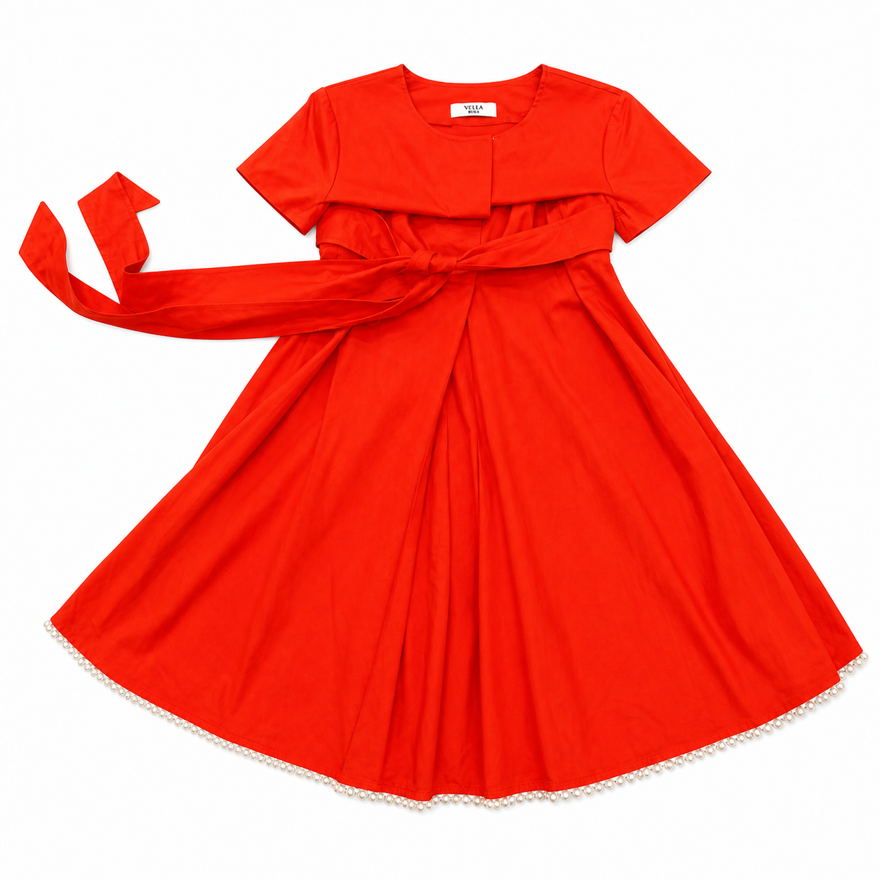 Weill Red Short-Sleeve Tie-Front Dress with Added Pearl Trim