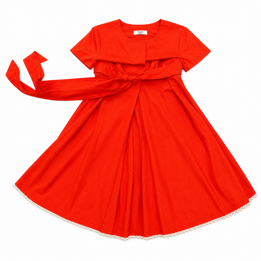Weill Red Short-Sleeve Tie-Front Dress with Added Pearl Trim