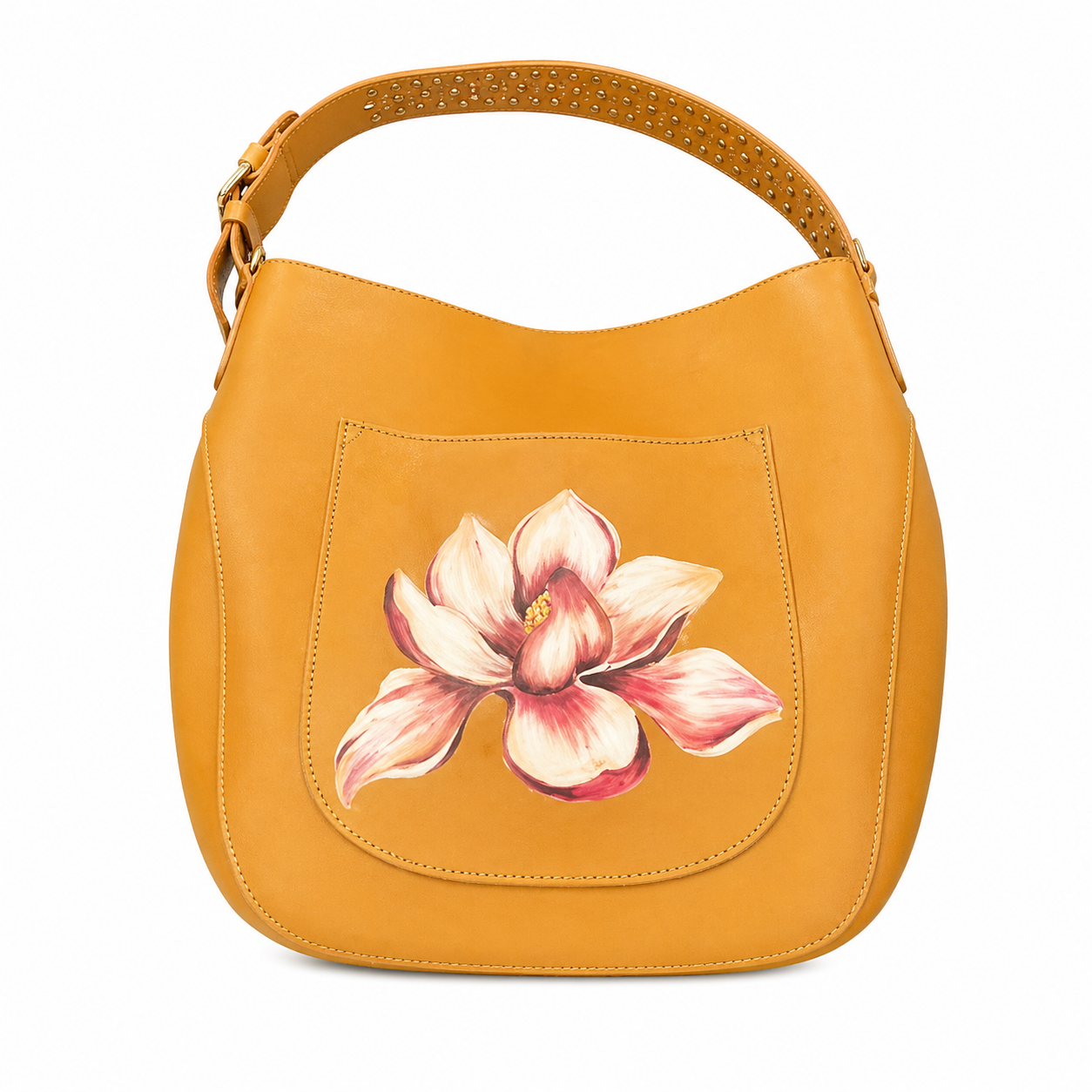 Tan Slouchy Hobo Bag w Studded Strap and Hand-Painted Lotus Flower
