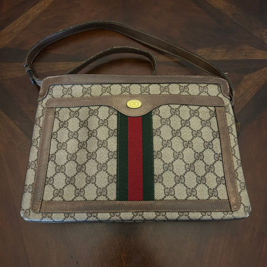 Gucci  Brown Logo Vintage 1980s Shoulder Handbag with Exterior Pocket