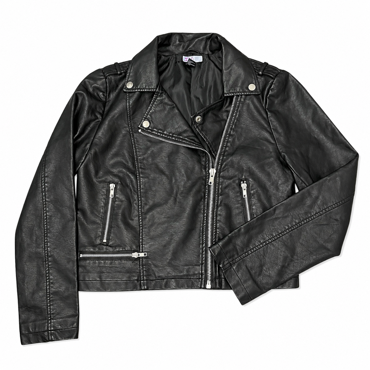 Faux Leather Biker Jacket with Hand-Painted Daisies