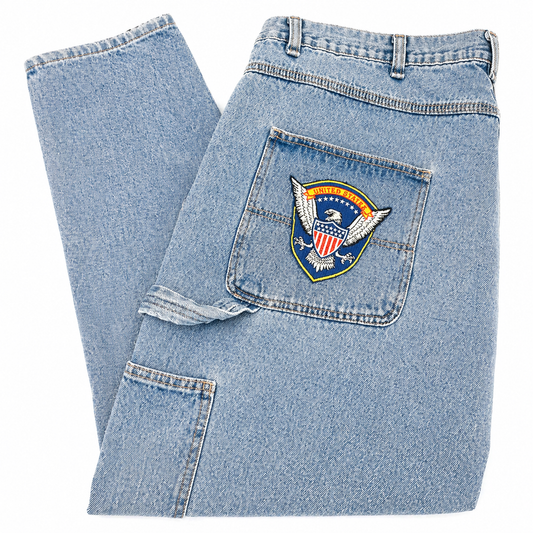 RK Hi-Rise Wide-Leg Blue Denim Painter Pant with Vintage Patch