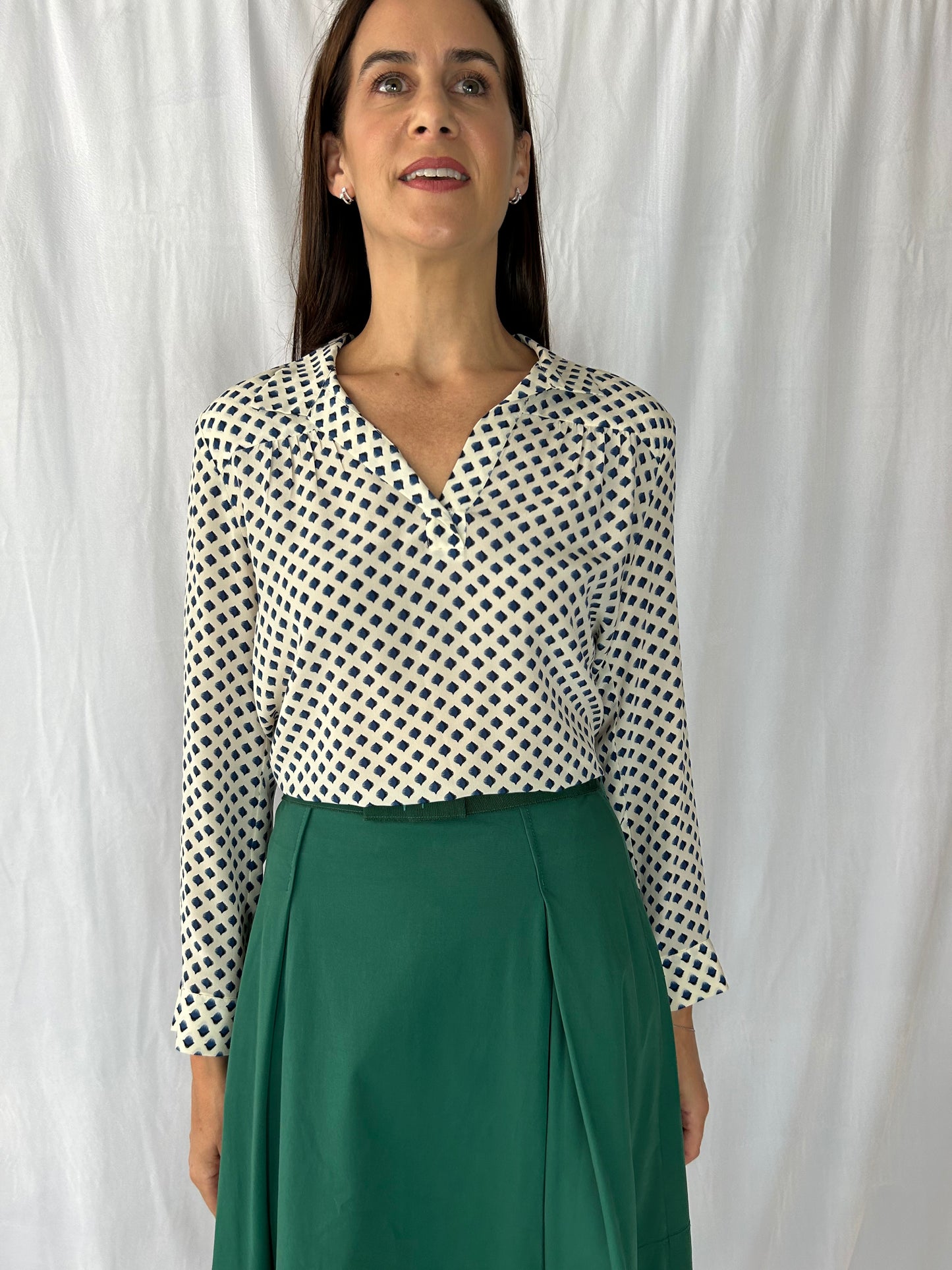 Gerard Darel Ivory with Navy Leaf Print Split Collar Blouse