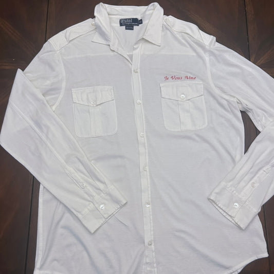 Polo by Ralph Lauren White Button-Up Shirt with "Je Vous Aime" Embroidery
