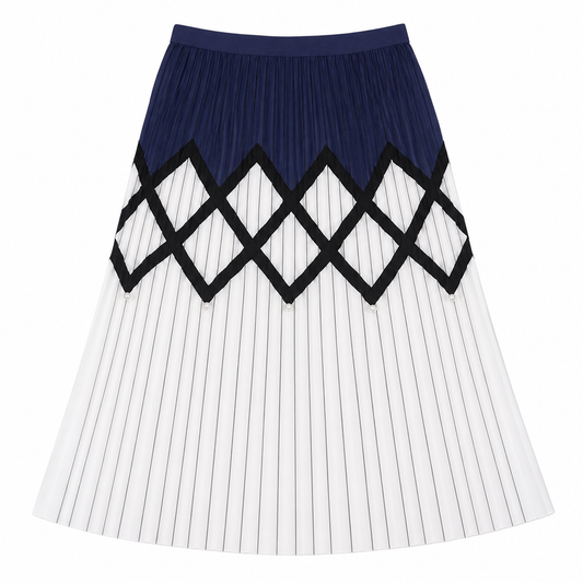 REISS Long Pleated Navy/White Skirt with Sewn-on Pearls