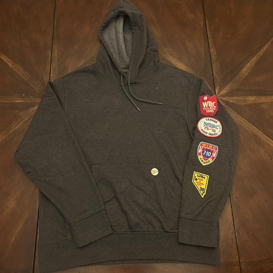 Fleece Hoodie  in Black with Vintage Patches & Pin