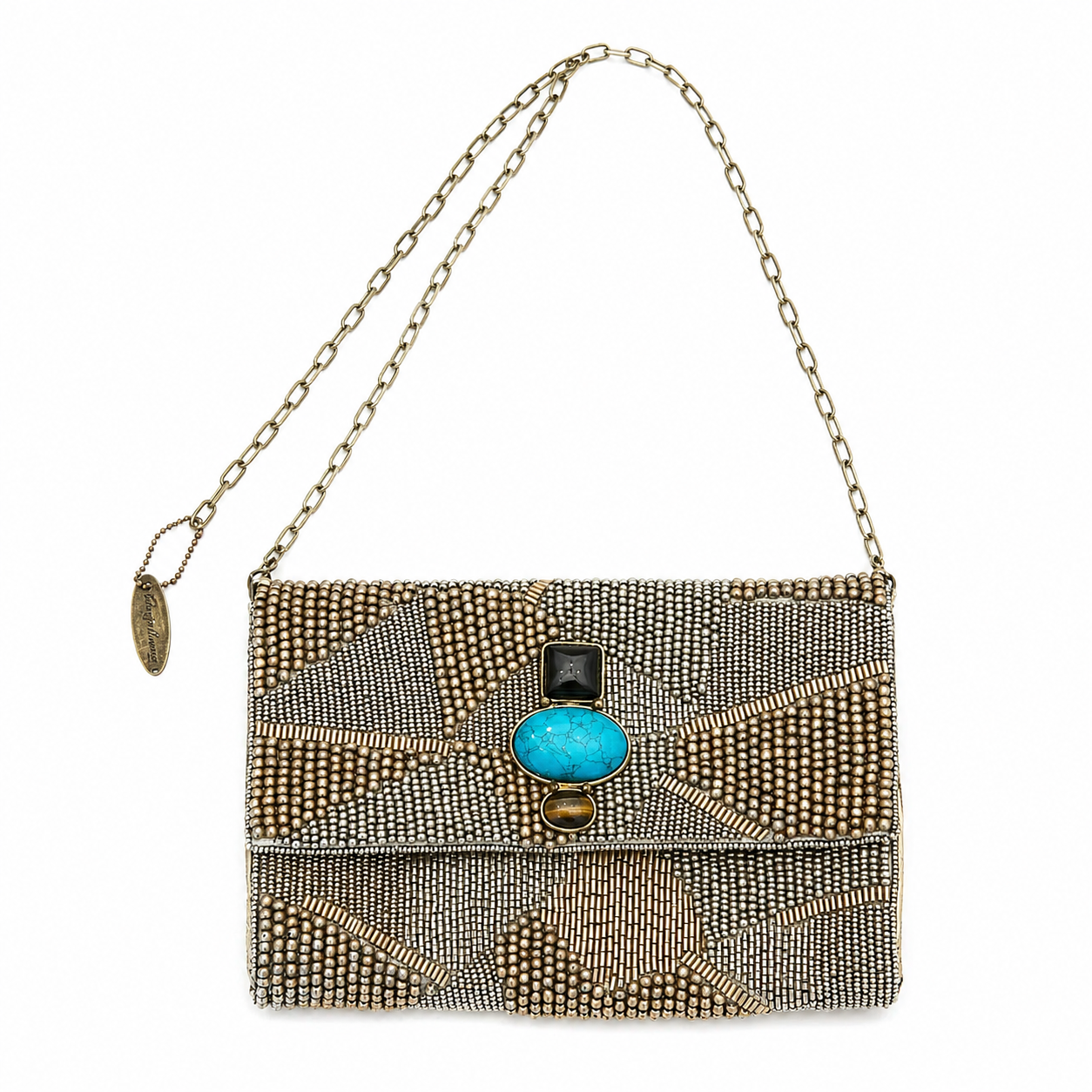 Mary Frances Beaded Shoulder Handbag with Onyx/Turquoise/Tiger Eye Clasp Button