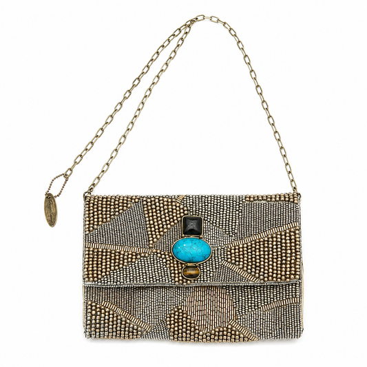 Mary Frances Beaded Shoulder Handbag with Onyx/Turq/Tiger Eye Clasp Button
