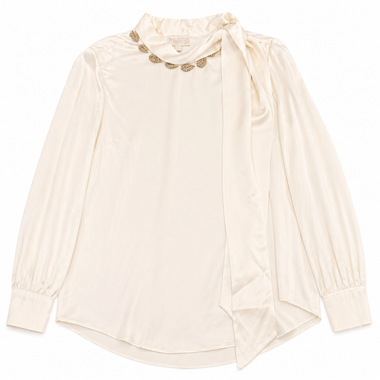 J. Crew Collection Ivory Long-Sleeve Side-Tie Charmeuse Blouse with Beading on Collar