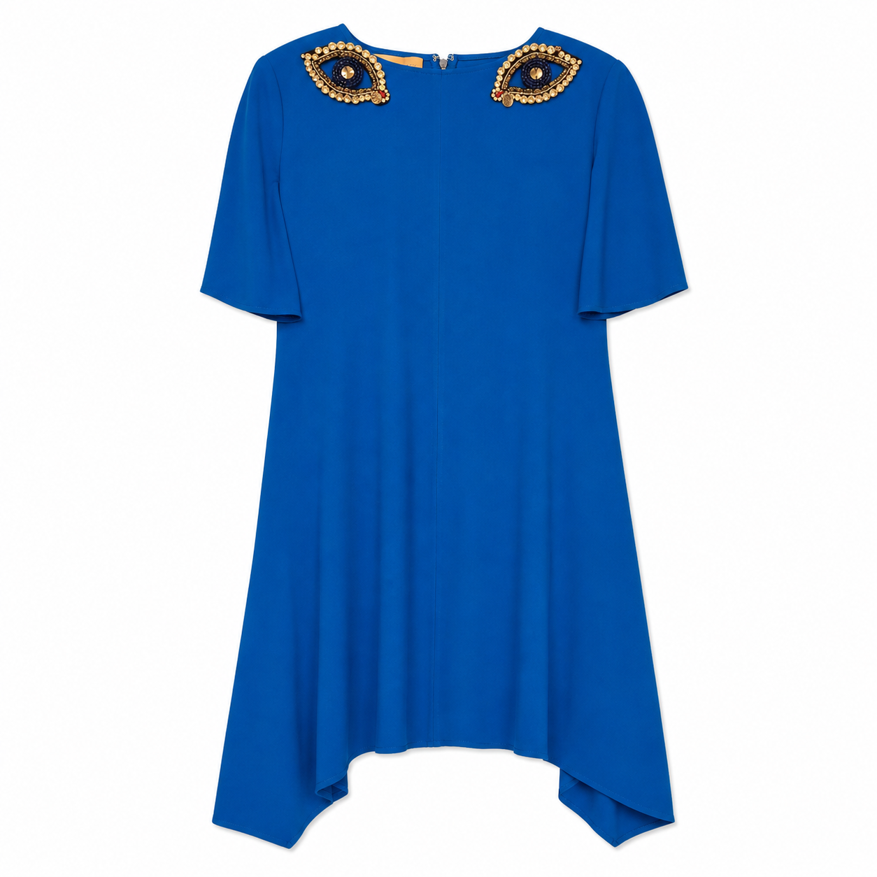 Stella McCartney Elbow-Sleeve Dress with Asymmetrical Hem and Eyes at Collar