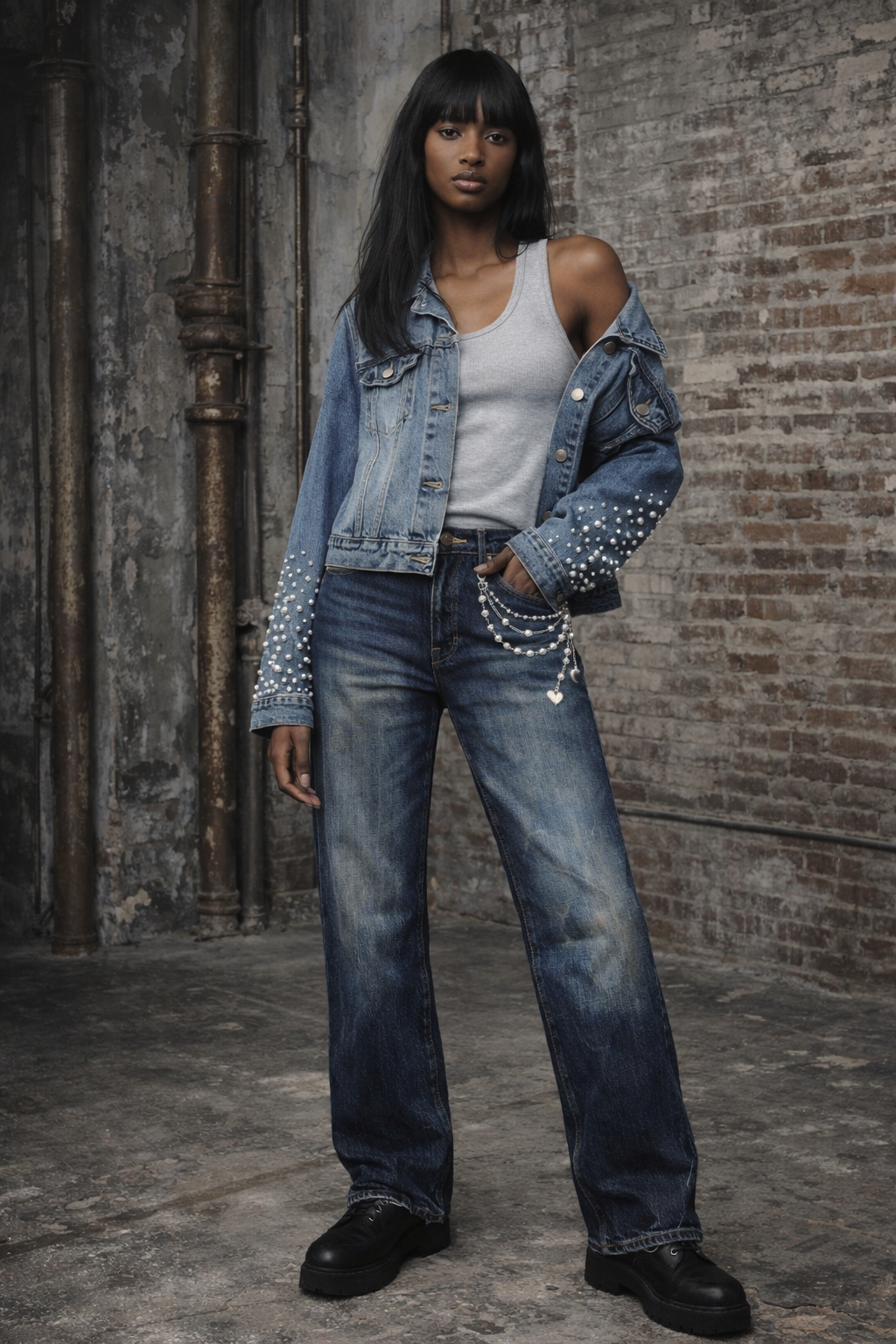 Frame Ultra Hi-Rise Le Sylvie Slender Straight Indigo Jean with Painted-on Pearl Chain