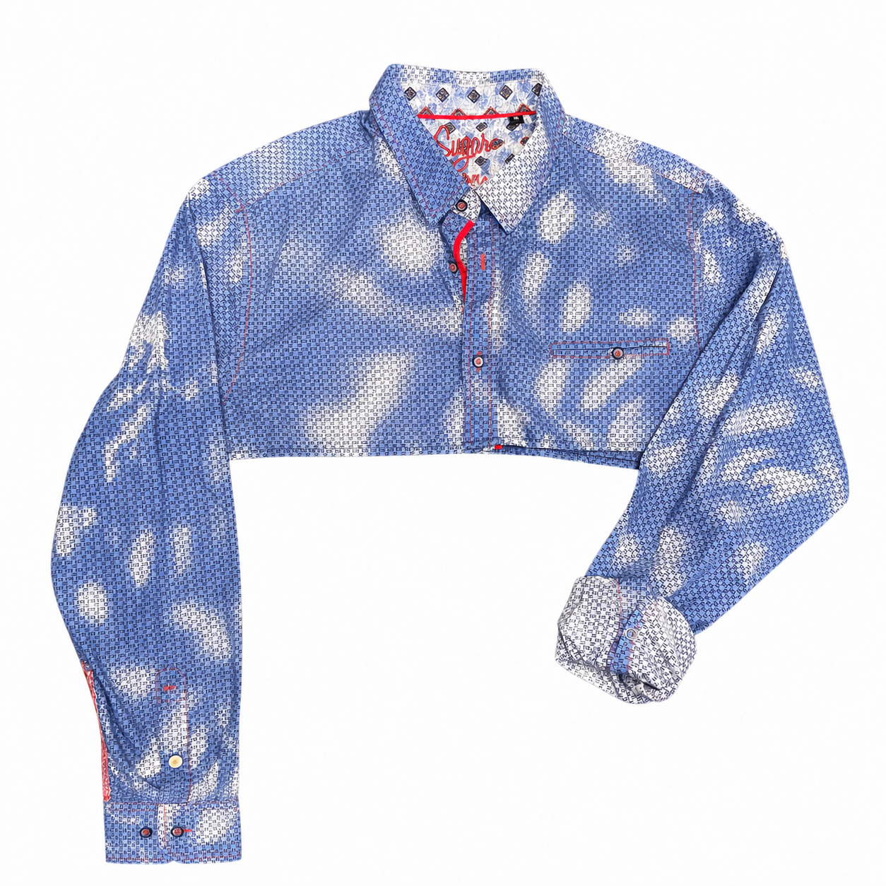 Sugar Cropped Blue Gem Print Button-Up Shirt
