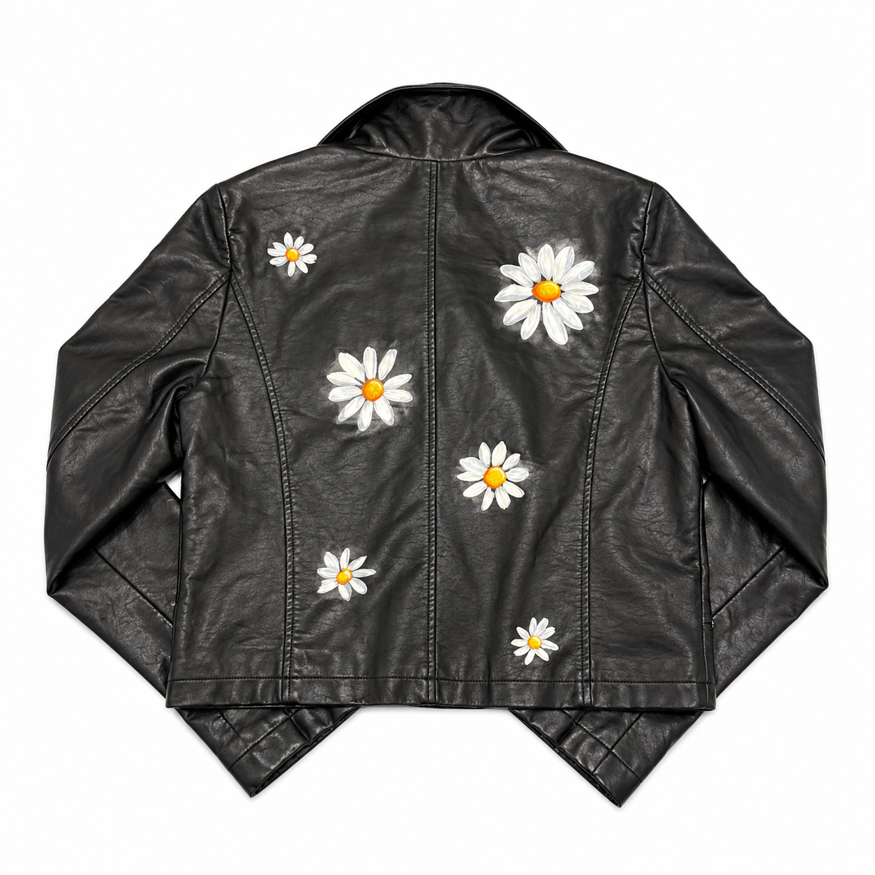 Faux Leather Biker Jacket with Hand-Painted Daisies