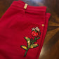St. John Sport Essentials Red Jeans with Front Floral Applique