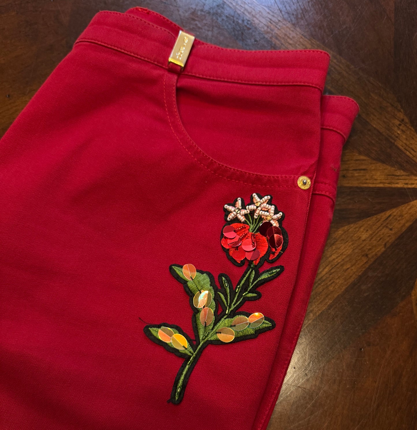 St. John Sport Essentials Red Jeans with Front Floral Applique