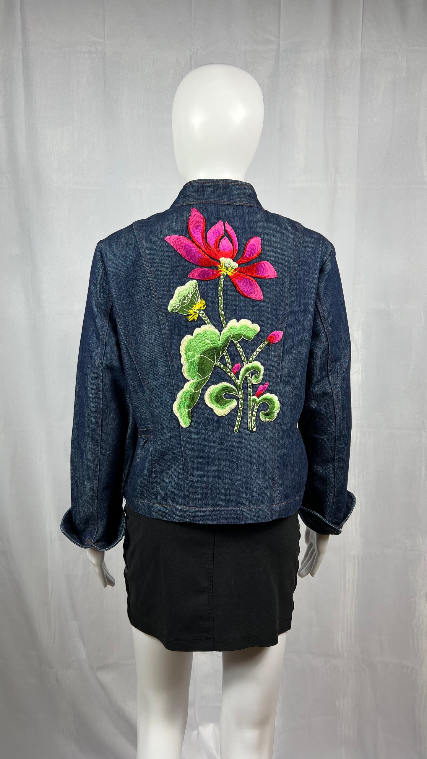 Ambition Zip Front Denim Jacket with Floral Applique