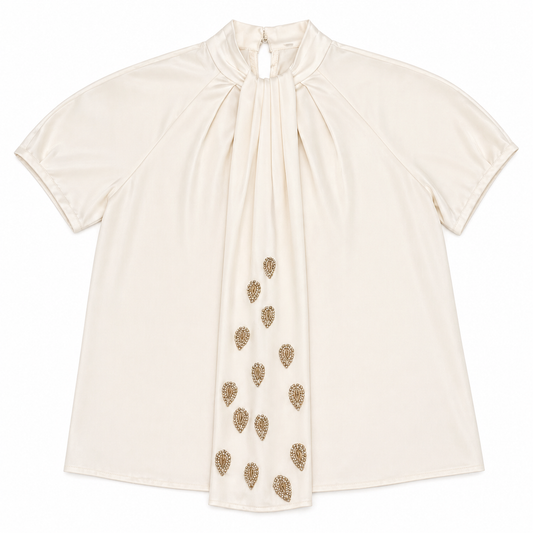 J. Crew Ivory Short-Sleeve Blouse with Beading on Flap Tie