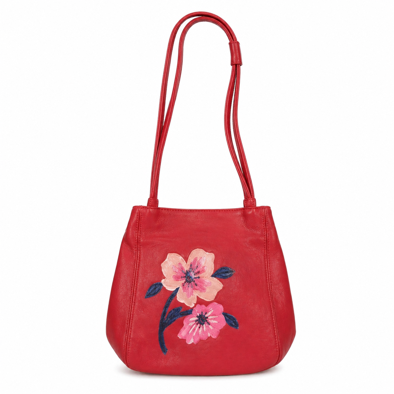 Red Shoulder Bag with Hand-Painted Cherry Blossom Flowers