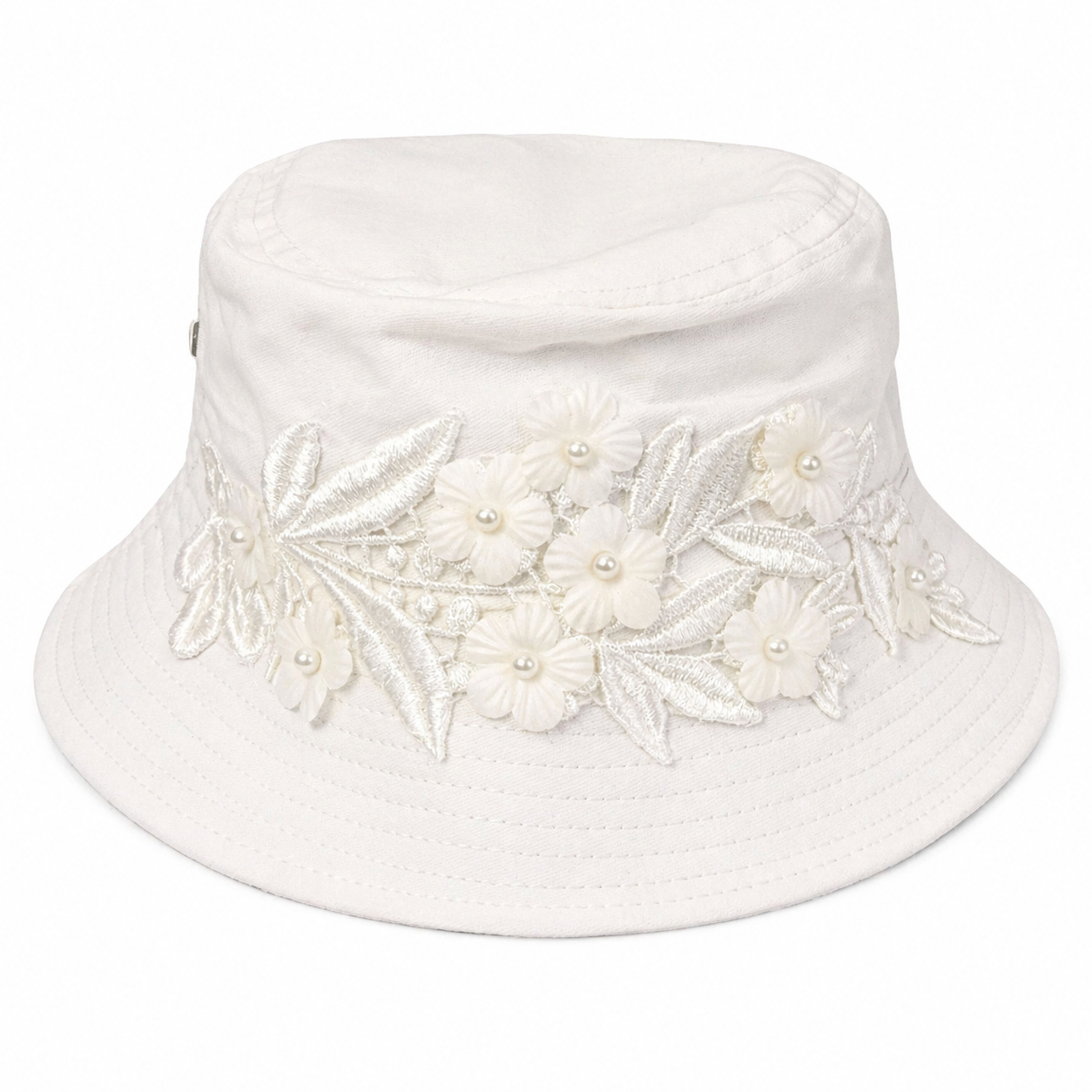 Westend White Bucket Hat with Lace Pearl Trim