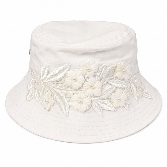 Westend White Bucket Hat with Lace Pearl Trim