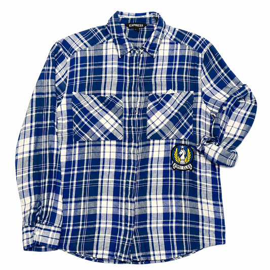 Express Blue Plaid Flannel Shirt with Chess Patch Applique