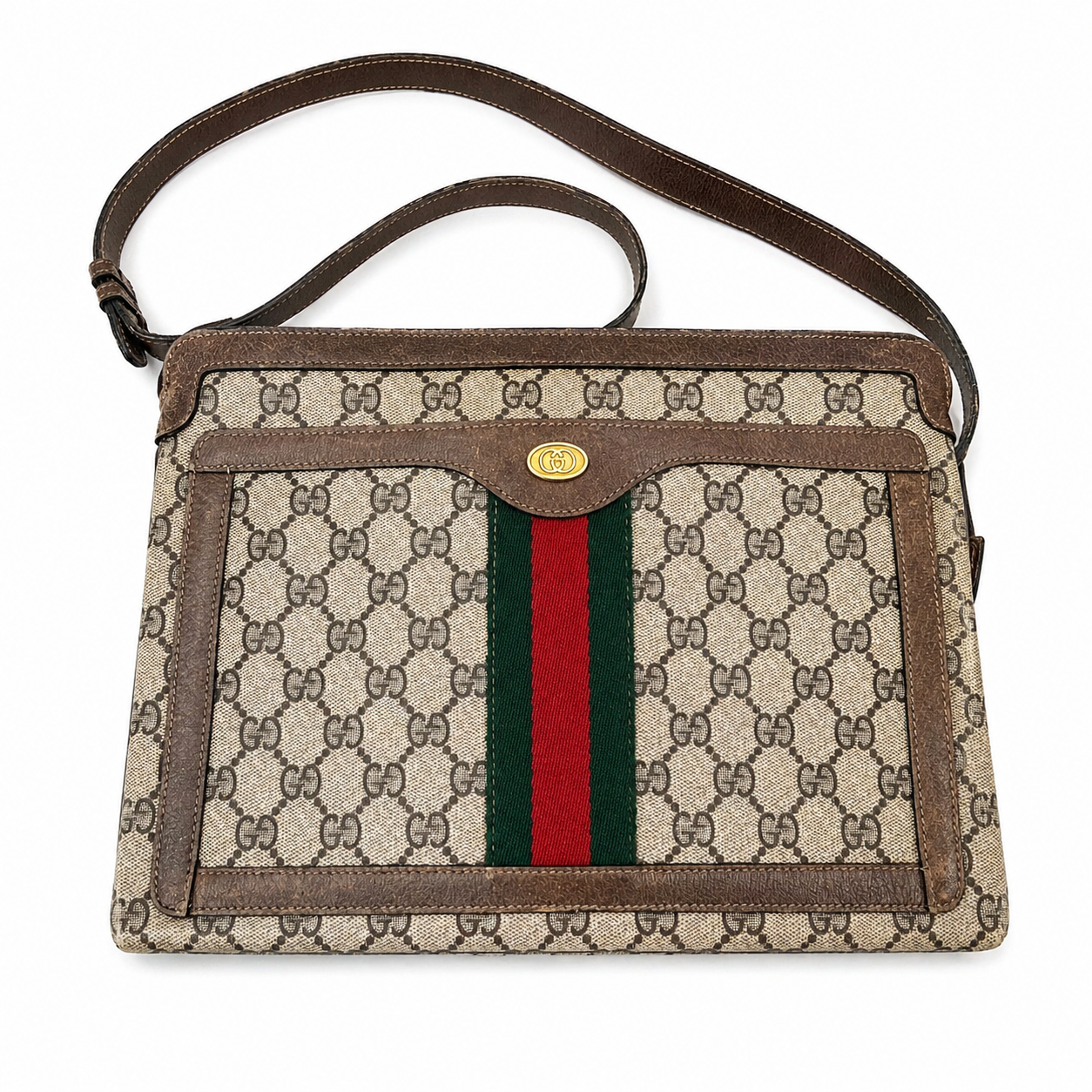 Gucci  Brown Logo Vintage 1980s Shoulder Handbag with Exterior Pocket