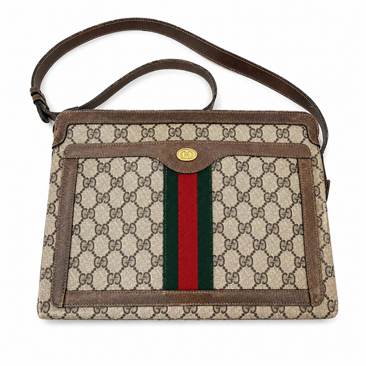 Gucci  Brown Logo Vintage 1980s Shoulder Handbag with Exterior Pocket