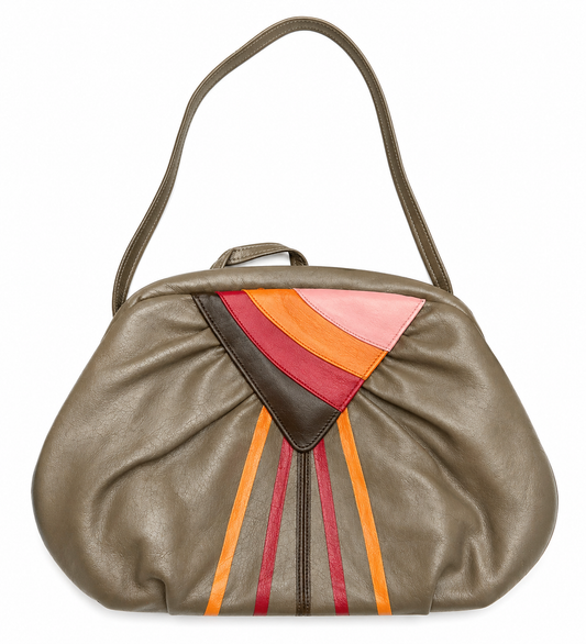 Hand-Painted Taupe Leather Bag with Stripes
