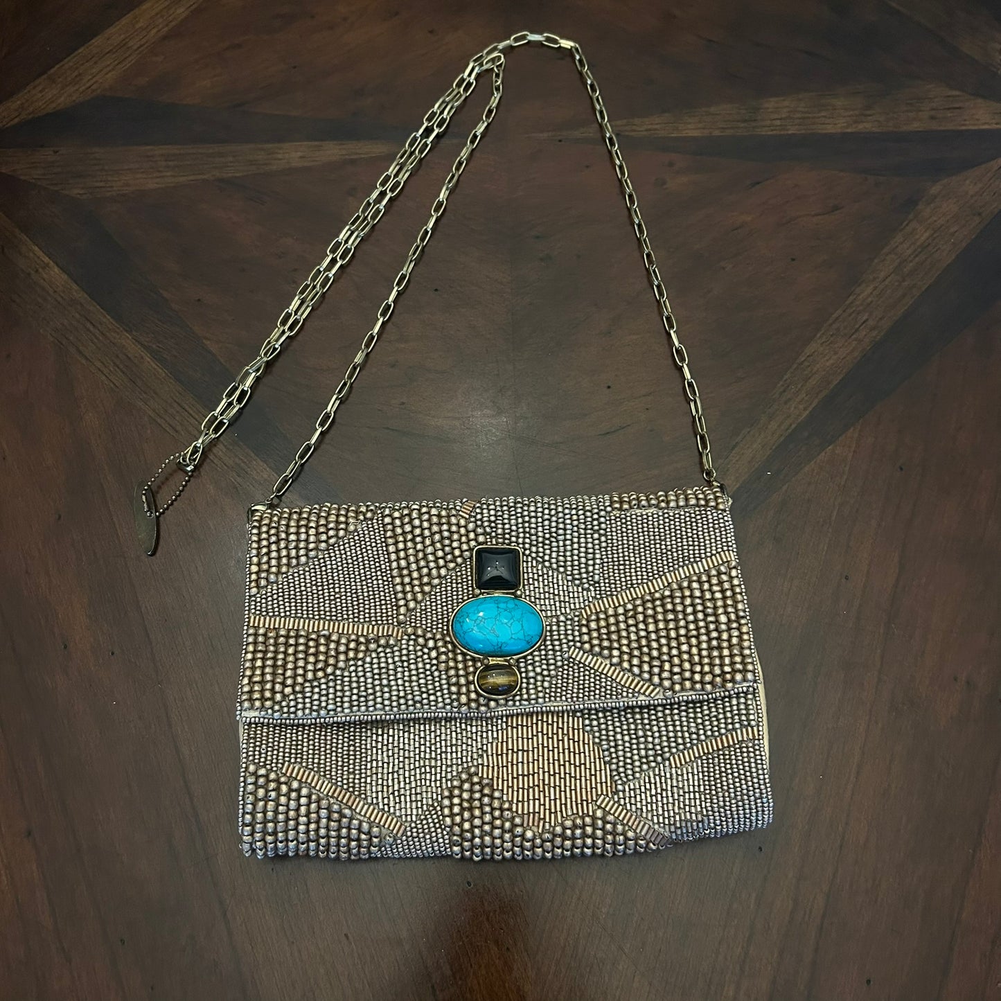 Mary Frances Beaded Shoulder Handbag with Onyx/Turq/Tiger Eye Clasp Button