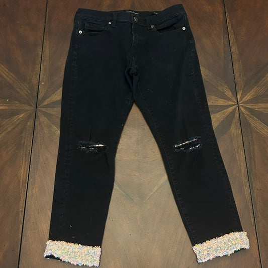 Petites Black Banana Republic Ripped Skinny Jeans with Sequins at Ankles