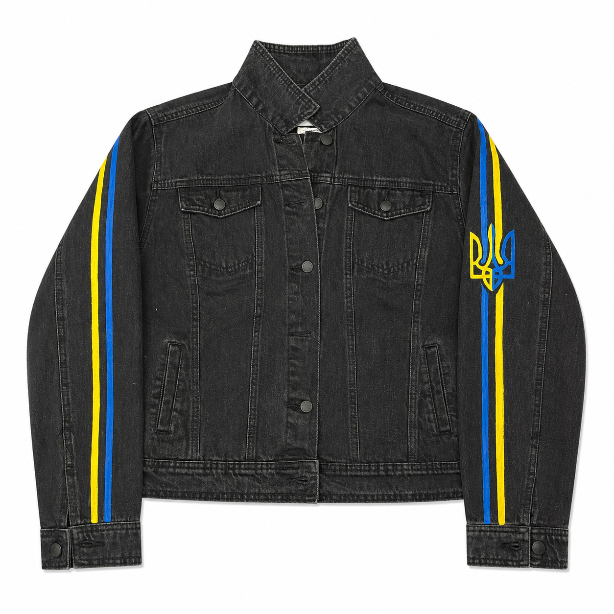 UKRAINE Black Denim Jacket with Country Color Sleeve Stripes