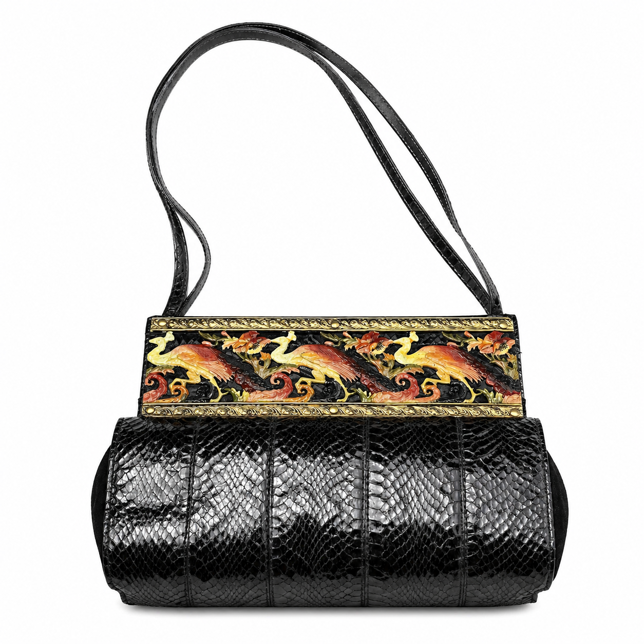 Vintage Alain Fourdraine Black Snakeskin Bag with Peacock Frame