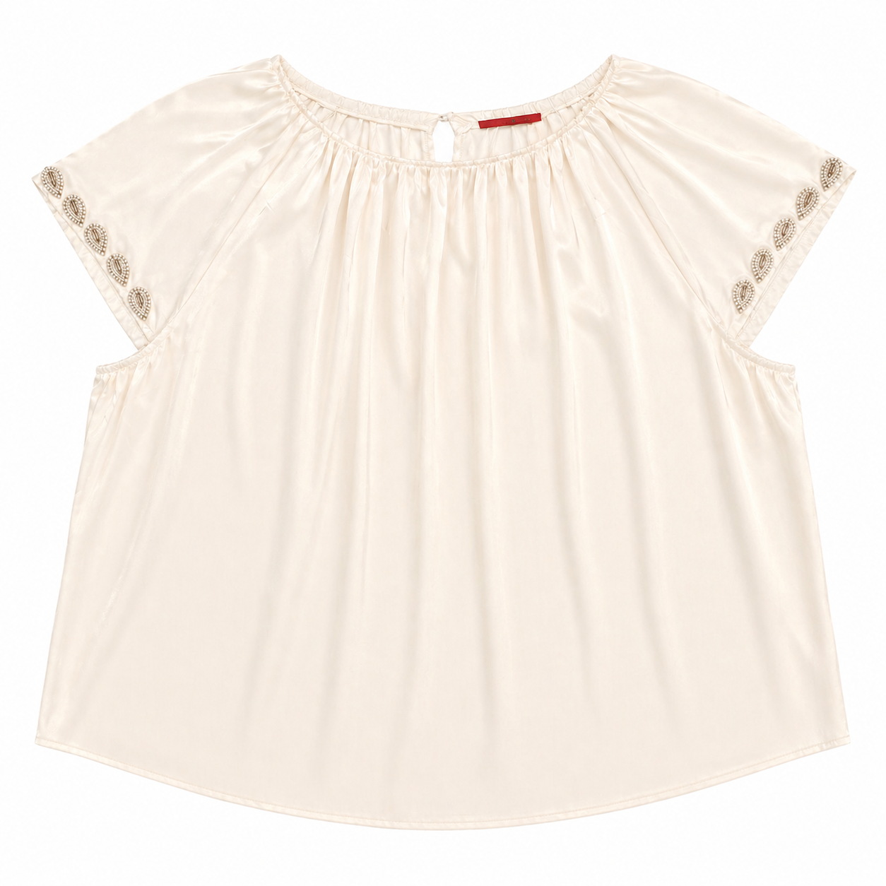 Carolina Herrera Ivory Charmeuse Jewel-Neck Cap-Sleeve Blouse with Beading on Sleeves