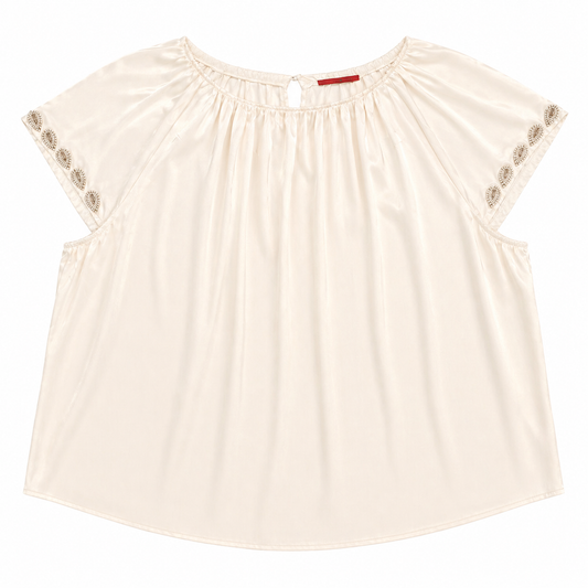 Carolina Herrera Ivory Charmeuse Jewel-Neck Cap-Sleeve Blouse with Beading on Sleeves