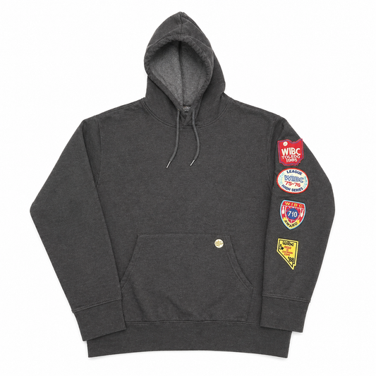 Fleece Hoodie  in Black with Vintage Patches & Pin