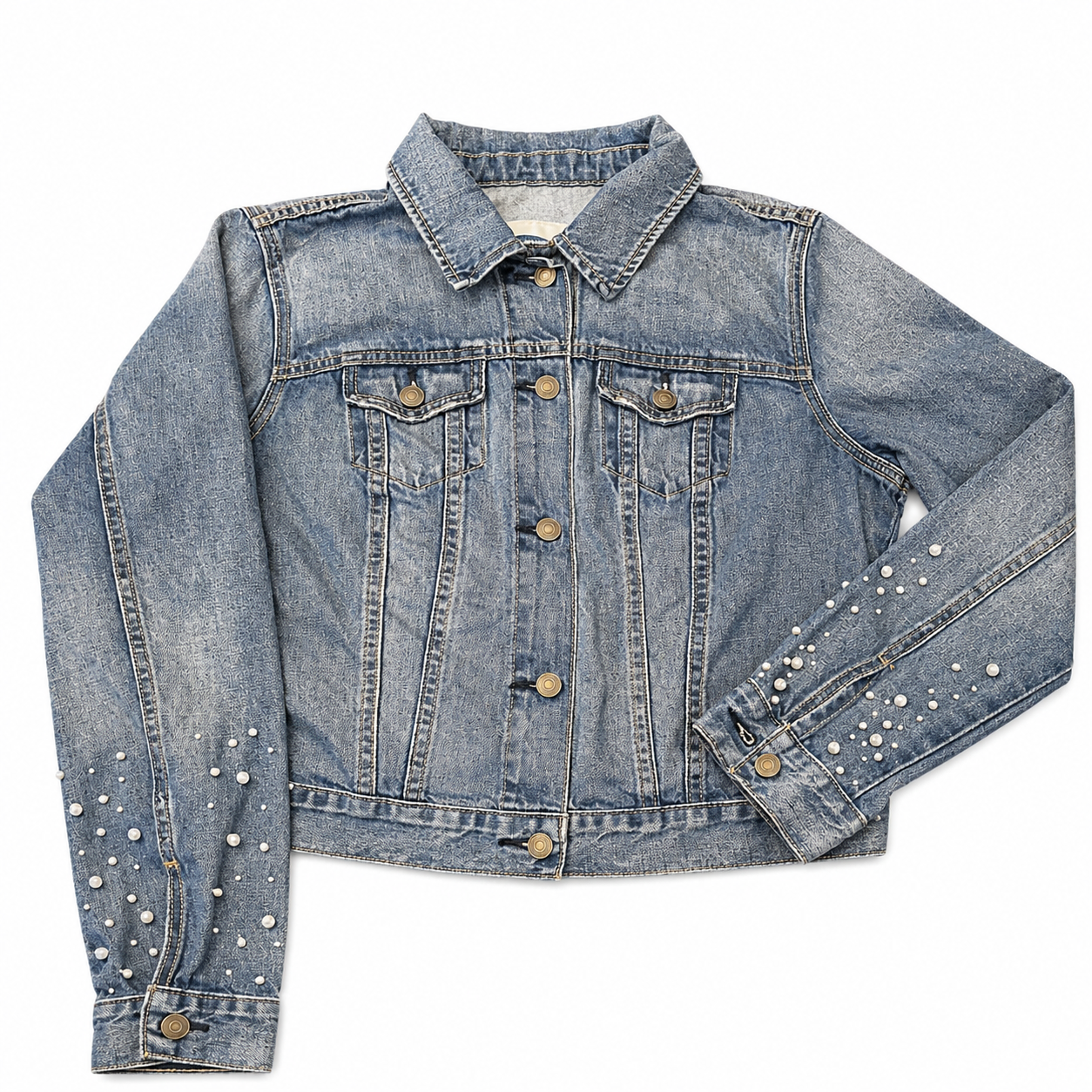 Denim Jacket with Faux-Pearl Sleeves