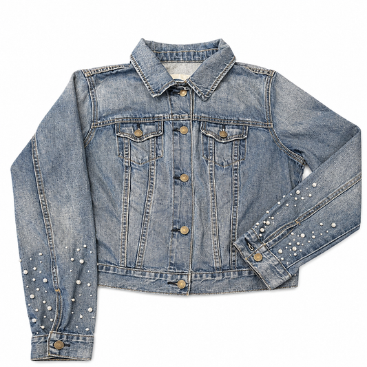 Denim Jacket with Faux-Pearl Sleeves