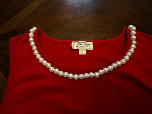 St. John Sport Red Crewneck Tank with Faux Pearl Trim