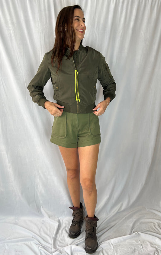 Aqua Olive Bomber Zip-Front Jacket with Patch