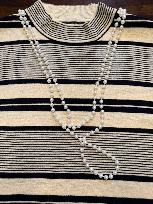 St. John Navy/Ivory Stripe Mock Sleeveless Sweater with Faux Pearl Necklace