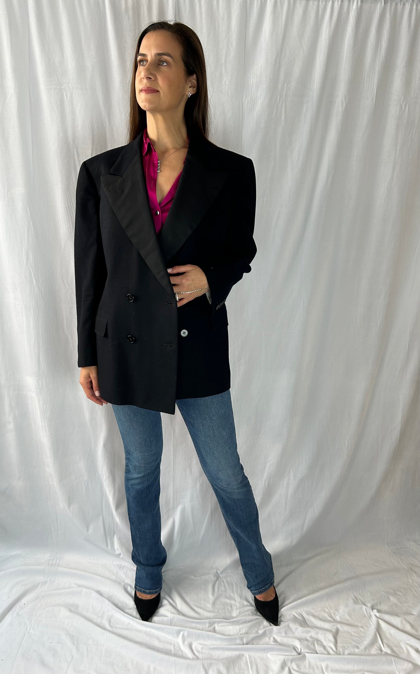 MacDonald-Heath Double-Breasted Black Blazer with Silk Collar