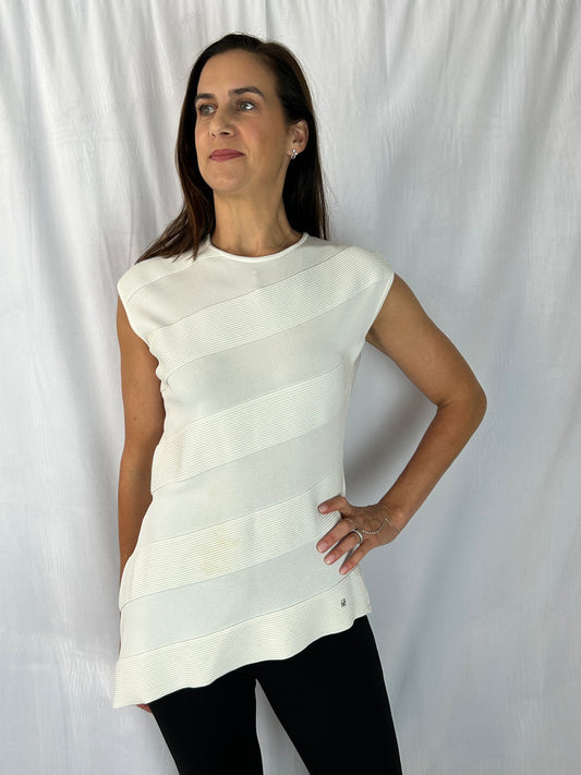 Carolina Herrera Ivory Sleeveless Jewel Sweater with Assymetrical Hemn