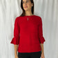 Carolina Herrera Red Cable Jewel Sweater with 3/4 Sleeve and Trumpet Edges