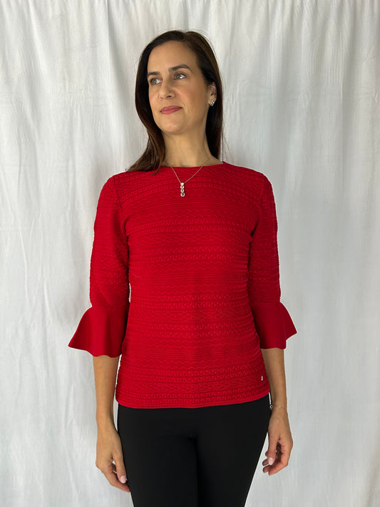 Carolina Herrera Red Cable Jewel Sweater with 3/4 Sleeve and Trumpet Edges